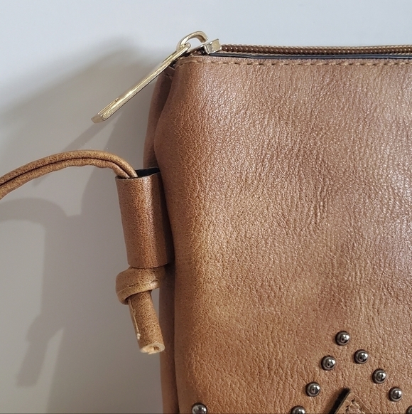 TAN Boutique Faux Leather Zig Zag Dark Silver Embellished Crossbody Bag Purse - Picture 6 of 13